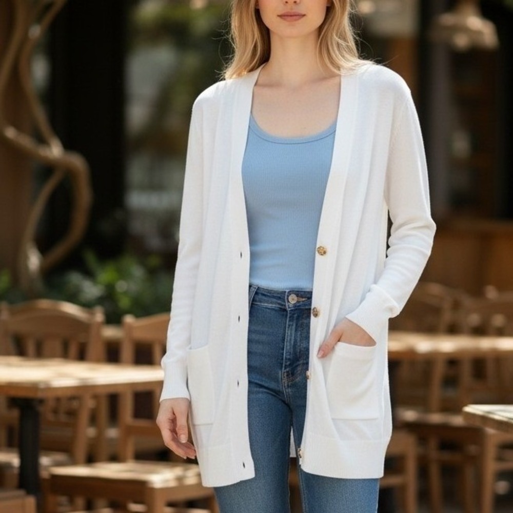Michael Kors Womens White V-Neck Cardigan Gold Logo Button Front Sweater Large